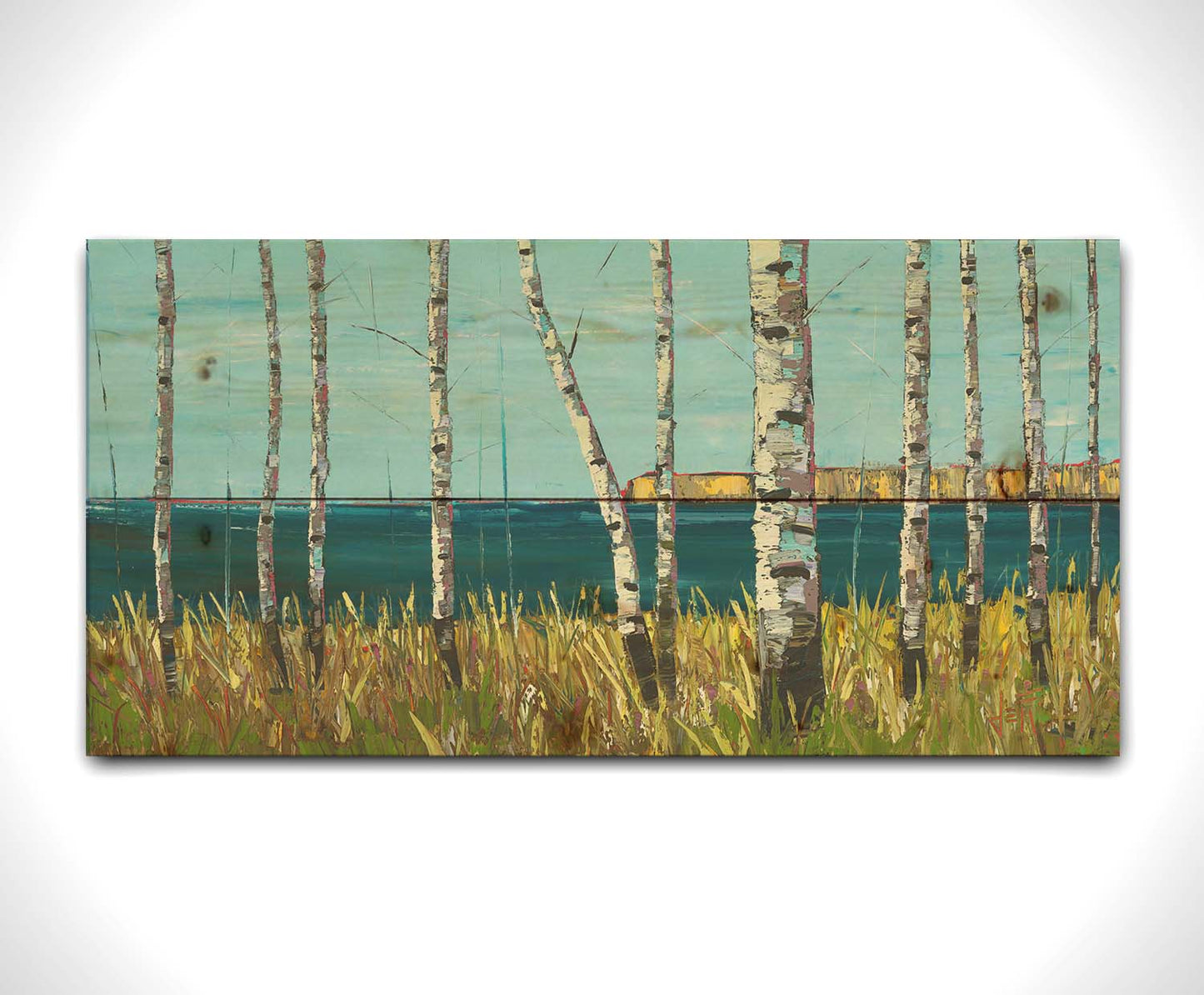 A painting of a serene cliff landscape with birch trees. A tranquil sea is in the background. Printed on a wood pallet.