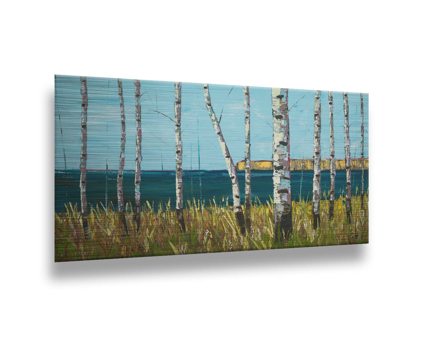 A painting of a serene cliff landscape with birch trees. A tranquil sea is in the background. Printed on metal.