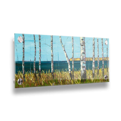 A painting of a serene cliff landscape with birch trees. A tranquil sea is in the background. Printed on acrylic.