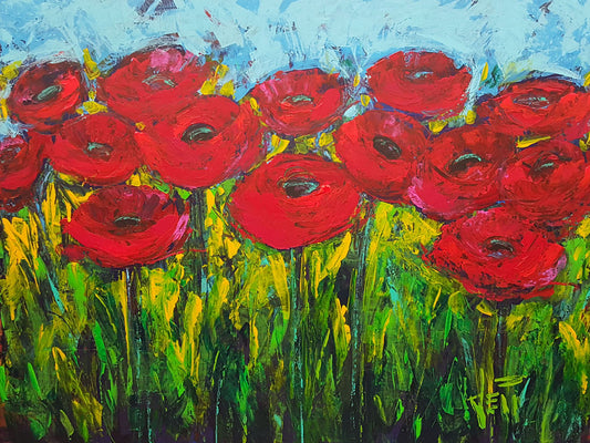 A painting of a field of vibrant red poppies with bright green stems and leaves under a blue sky. Visible brushstrokes create an energetic scene.