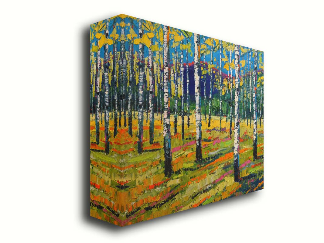 A painting of a birch or aspen forest in front of a blue mountain range. Green and yellow leaves match the ground beneath, accented with oranges and pinks. Thick lines and visible rectangular brushstrokes move the piece. Printed on canvas.