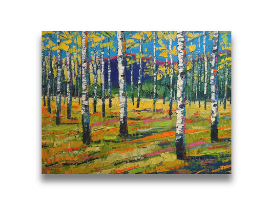 A painting of a birch or aspen forest in front of a blue mountain range. Green and yellow leaves match the ground beneath, accented with oranges and pinks. Thick lines and visible rectangular brushstrokes move the piece. Printed on canvas.