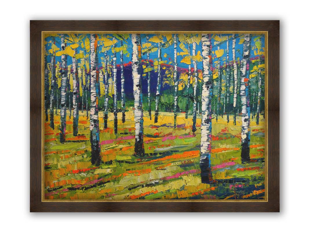 A painting of a birch or aspen forest in front of a blue mountain range. Green and yellow leaves match the ground beneath, accented with oranges and pinks. Thick lines and visible rectangular brushstrokes move the piece. Printed on canvas and framed.