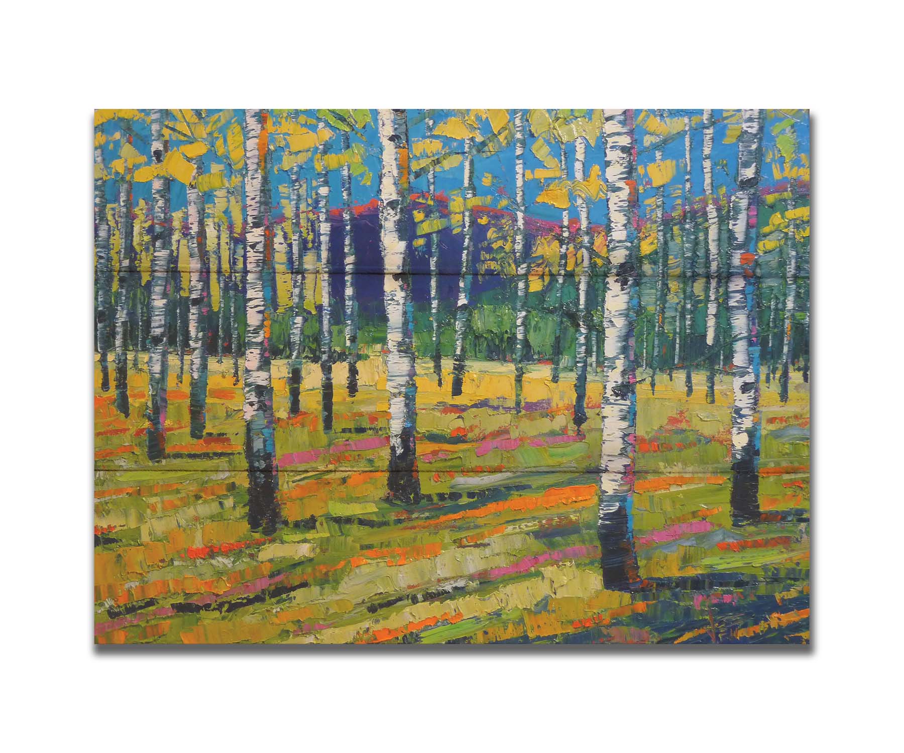 A painting of a birch or aspen forest in front of a blue mountain range. Green and yellow leaves match the ground beneath, accented with oranges and pinks. Thick lines and visible rectangular brushstrokes move the piece. Printed on a box board.