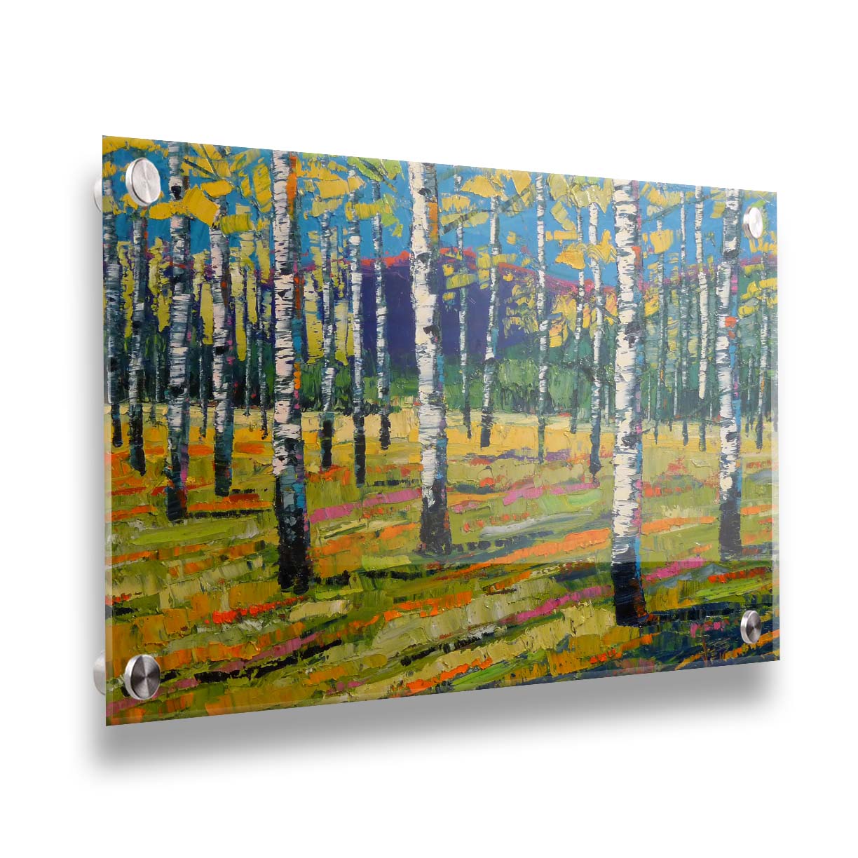A painting of a birch or aspen forest in front of a blue mountain range. Green and yellow leaves match the ground beneath, accented with oranges and pinks. Thick lines and visible rectangular brushstrokes move the piece. Printed on acrylic.
