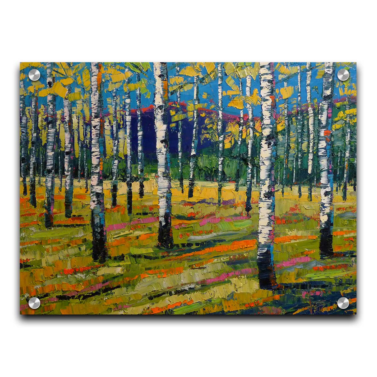 A painting of a birch or aspen forest in front of a blue mountain range. Green and yellow leaves match the ground beneath, accented with oranges and pinks. Thick lines and visible rectangular brushstrokes move the piece. Printed on acrylic.