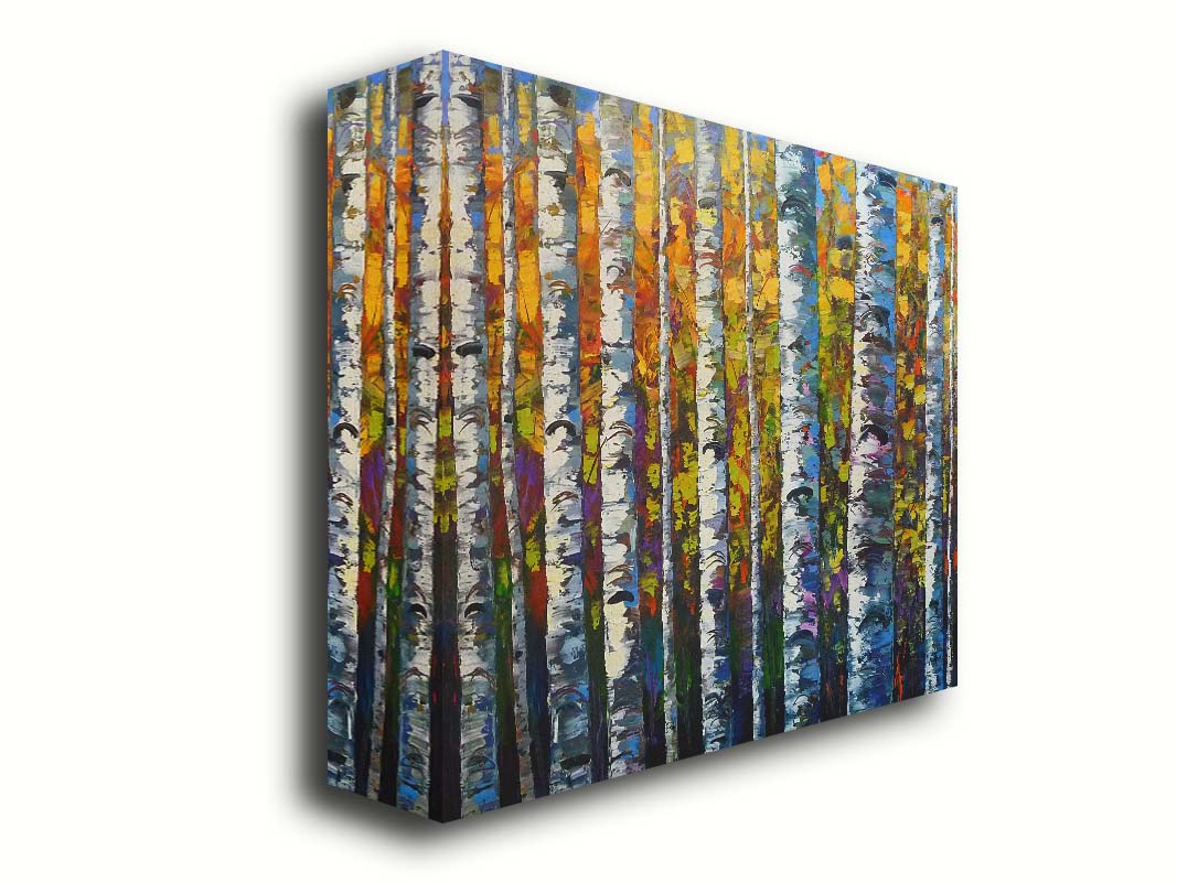 A painting of a dense forest of birch trees, close up on their parallel trunks and peeling bark. Their colorful leaves creating a stunning display of yellows, greens, blues, and purples. Printed on canvas.