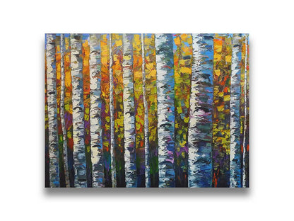 A painting of a dense forest of birch trees, close up on their parallel trunks and peeling bark. Their colorful leaves creating a stunning display of yellows, greens, blues, and purples. Printed on canvas.