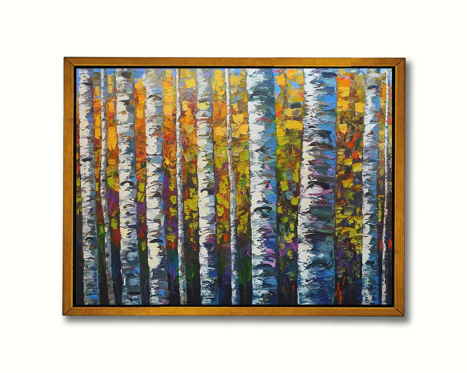 A painting of a dense forest of birch trees, close up on their parallel trunks and peeling bark. Their colorful leaves creating a stunning display of yellows, greens, blues, and purples. Printed on canvas in a float frame.