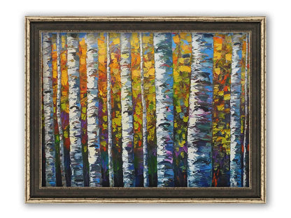 A painting of a dense forest of birch trees, close up on their parallel trunks and peeling bark. Their colorful leaves creating a stunning display of yellows, greens, blues, and purples. Printed on canvas and framed.