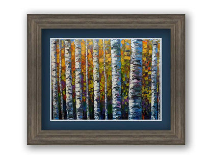 A painting of a dense forest of birch trees, close up on their parallel trunks and peeling bark. Their colorful leaves creating a stunning display of yellows, greens, blues, and purples. Printed on paper, matted, and framed.