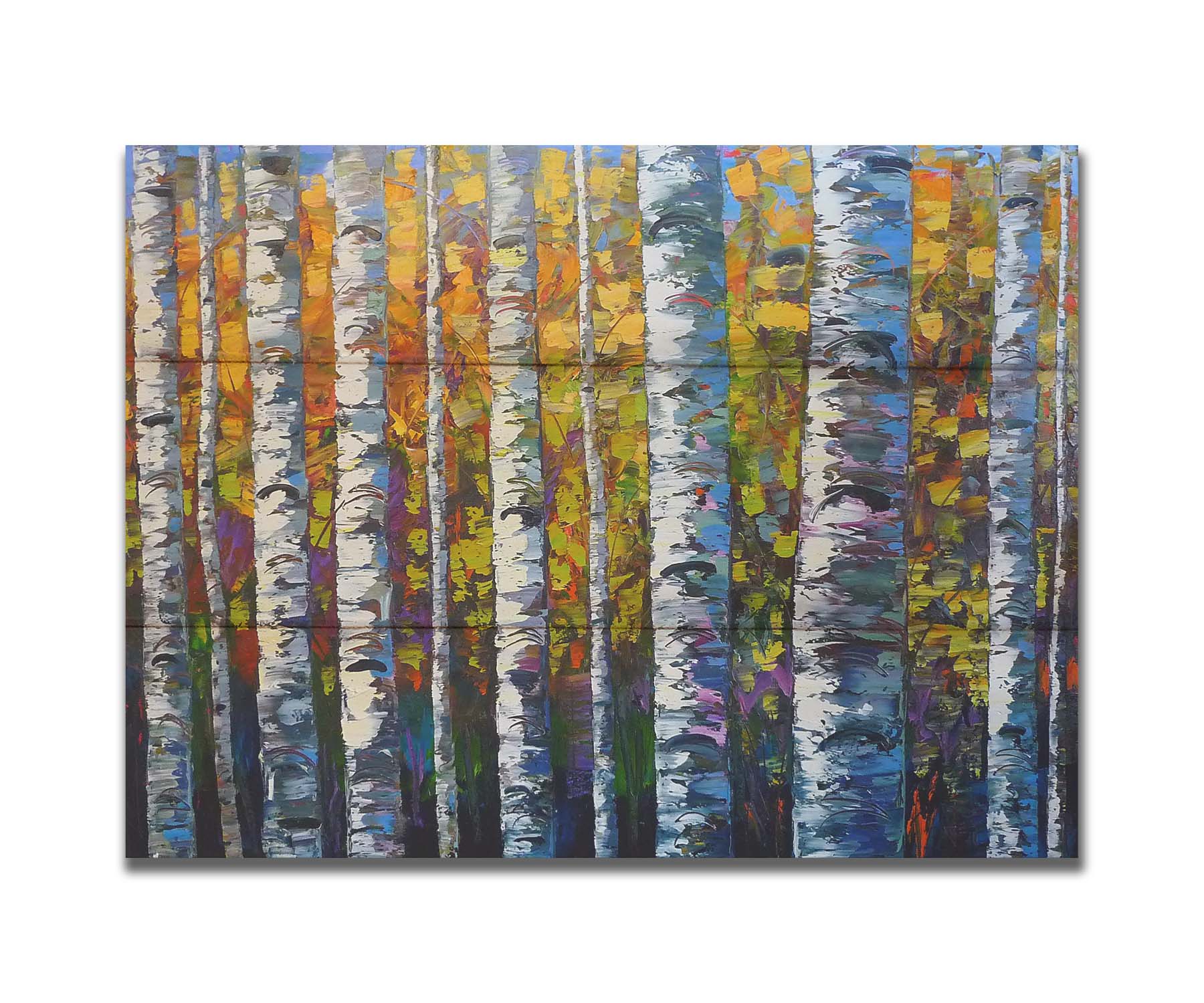 A painting of a dense forest of birch trees, close up on their parallel trunks and peeling bark. Their colorful leaves creating a stunning display of yellows, greens, blues, and purples. Printed on a box board.