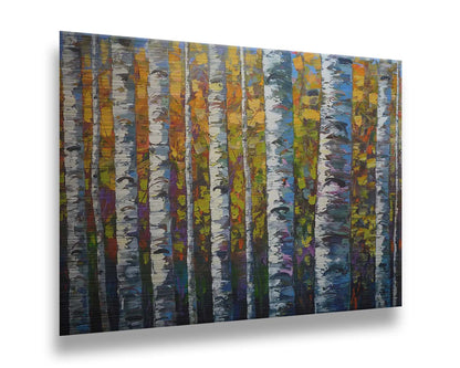 A painting of a dense forest of birch trees, close up on their parallel trunks and peeling bark. Their colorful leaves creating a stunning display of yellows, greens, blues, and purples. Printed on metal.