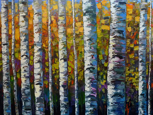 A painting of a dense forest of birch trees, close up on their parallel trunks and peeling bark. Their colorful leaves creating a stunning display of yellows, greens, blues, and purples.