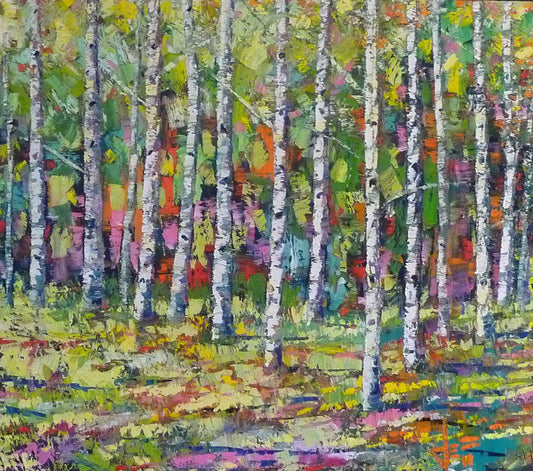 A painting of a birch forest. Visible brushstrokes and unblended color give life and motion to the piece. The bold use of yellows, pinks, greens, and blues against the white trunks creates a cheerful expression of the forest. 