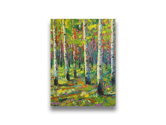 A painting of a birch forest landscape, contrasting vibrant green leaves and white birch trunks with a bright orange sky. Accents of orange, blue, and pink can be seen throughout the piece, creating additional texture and contrast. Printed on canvas.