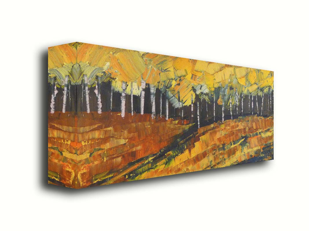 A painting of a birch or aspen forest during fall with a yellow, brown, and black color palette. The impasto technique creates thick layers of paint with visible palette knife and brushstrokes, which add texture, depth, and movement. Printed on canvas.