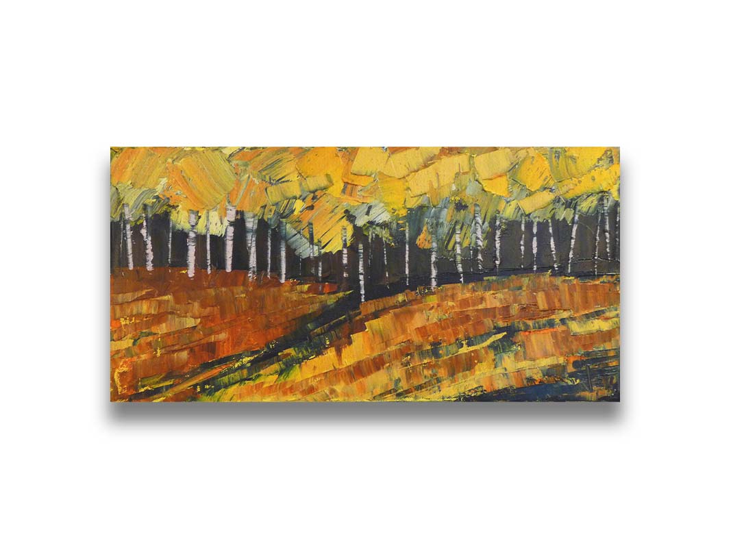 A painting of a birch or aspen forest during fall with a yellow, brown, and black color palette. The impasto technique creates thick layers of paint with visible palette knife and brushstrokes, which add texture, depth, and movement. Printed on canvas.