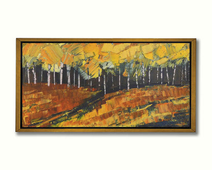 A painting of a birch or aspen forest during fall with a yellow, brown, and black color palette. The impasto technique creates thick layers of paint with visible palette knife and brushstrokes, which add texture, depth, and movement. Printed on canvas in a float frame.