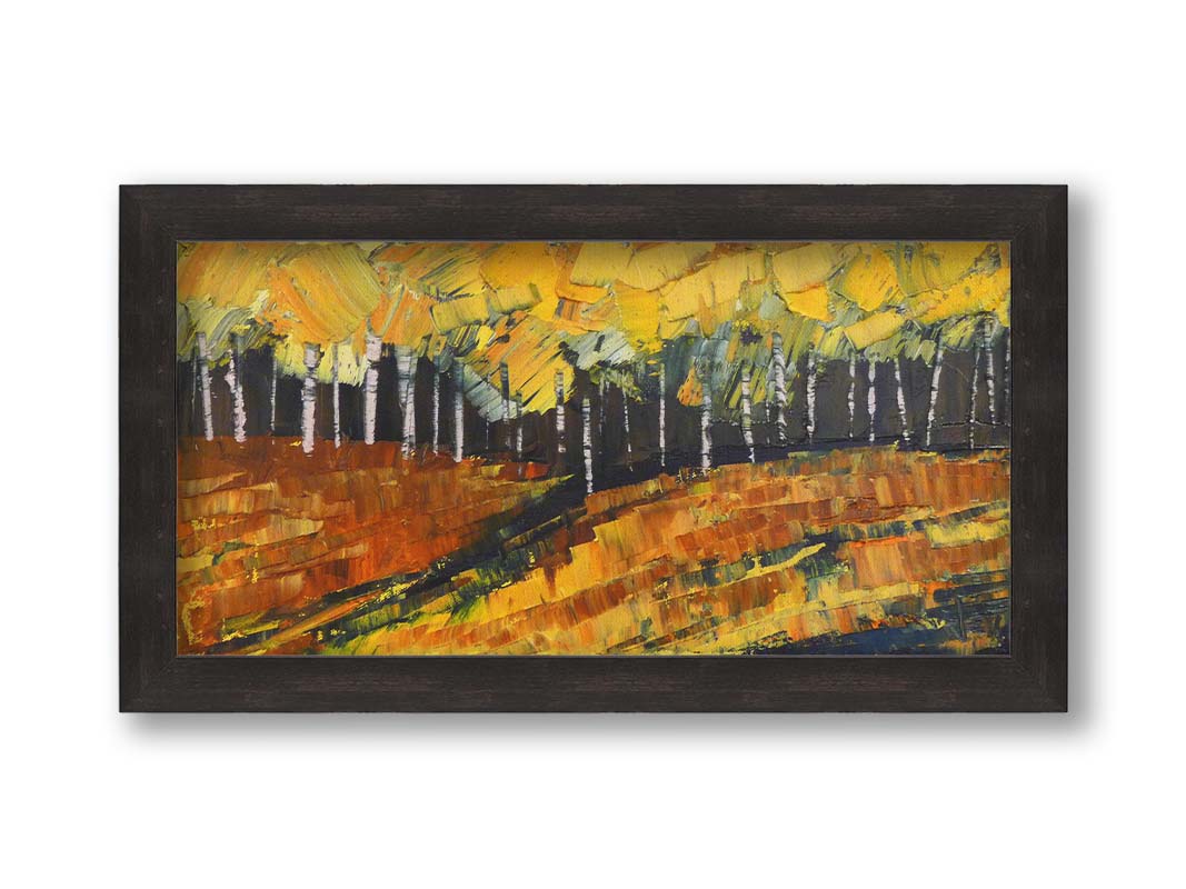 A painting of a birch or aspen forest during fall with a yellow, brown, and black color palette. The impasto technique creates thick layers of paint with visible palette knife and brushstrokes, which add texture, depth, and movement. Printed on canvas and framed.