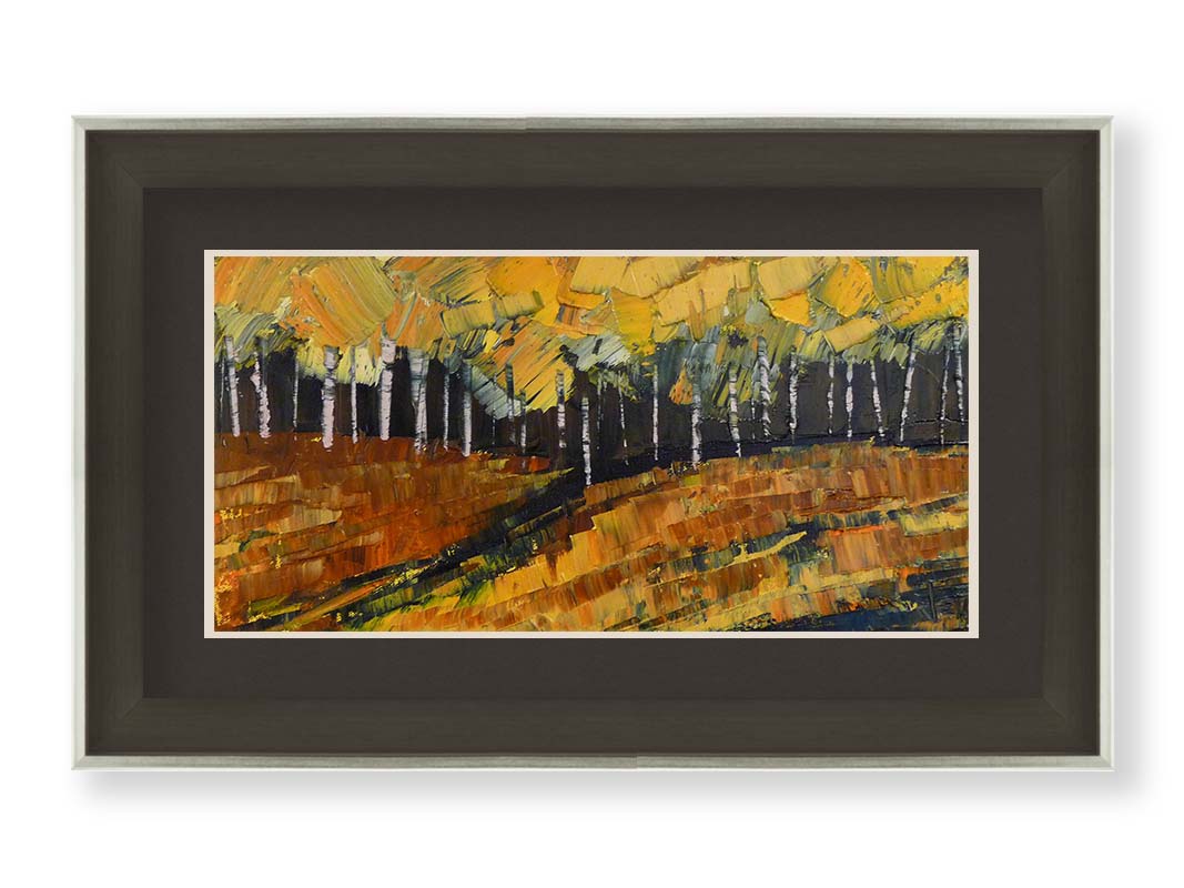 A painting of a birch or aspen forest during fall with a yellow, brown, and black color palette. The impasto technique creates thick layers of paint with visible palette knife and brushstrokes, which add texture, depth, and movement. Printed on paper, matted, and framed.