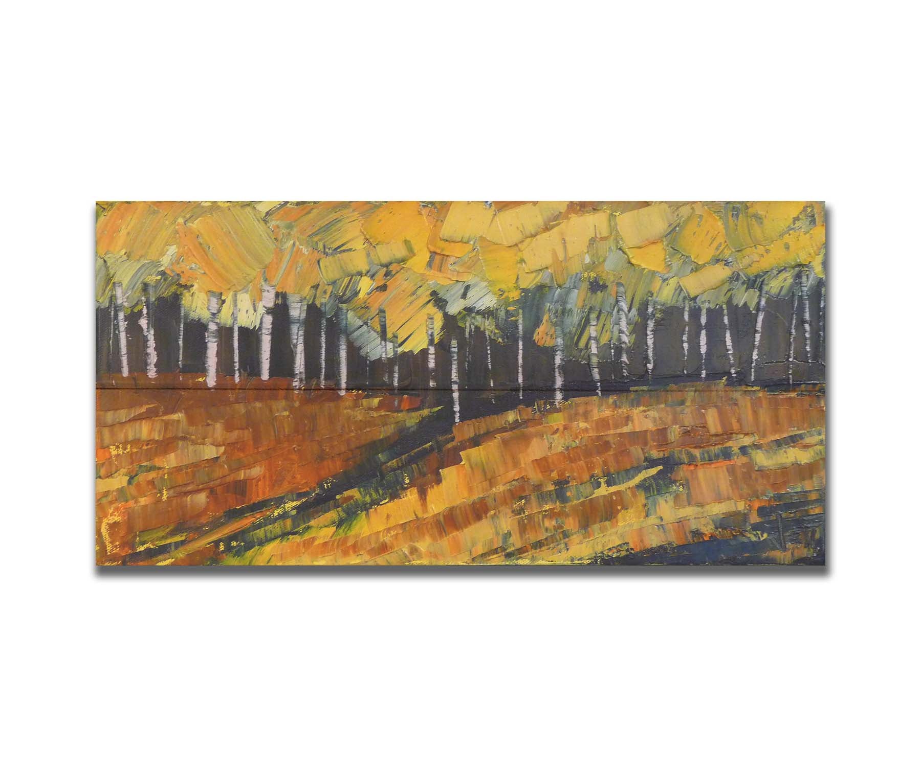 A painting of a birch or aspen forest during fall with a yellow, brown, and black color palette. The impasto technique creates thick layers of paint with visible palette knife and brushstrokes, which add texture, depth, and movement. Printed on a box board.