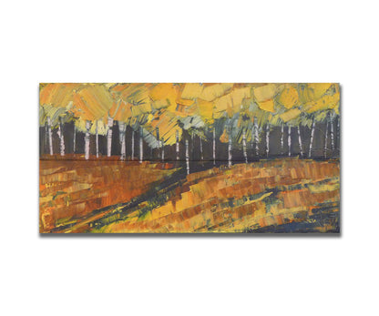 A painting of a birch or aspen forest during fall with a yellow, brown, and black color palette. The impasto technique creates thick layers of paint with visible palette knife and brushstrokes, which add texture, depth, and movement. Printed on a box board.