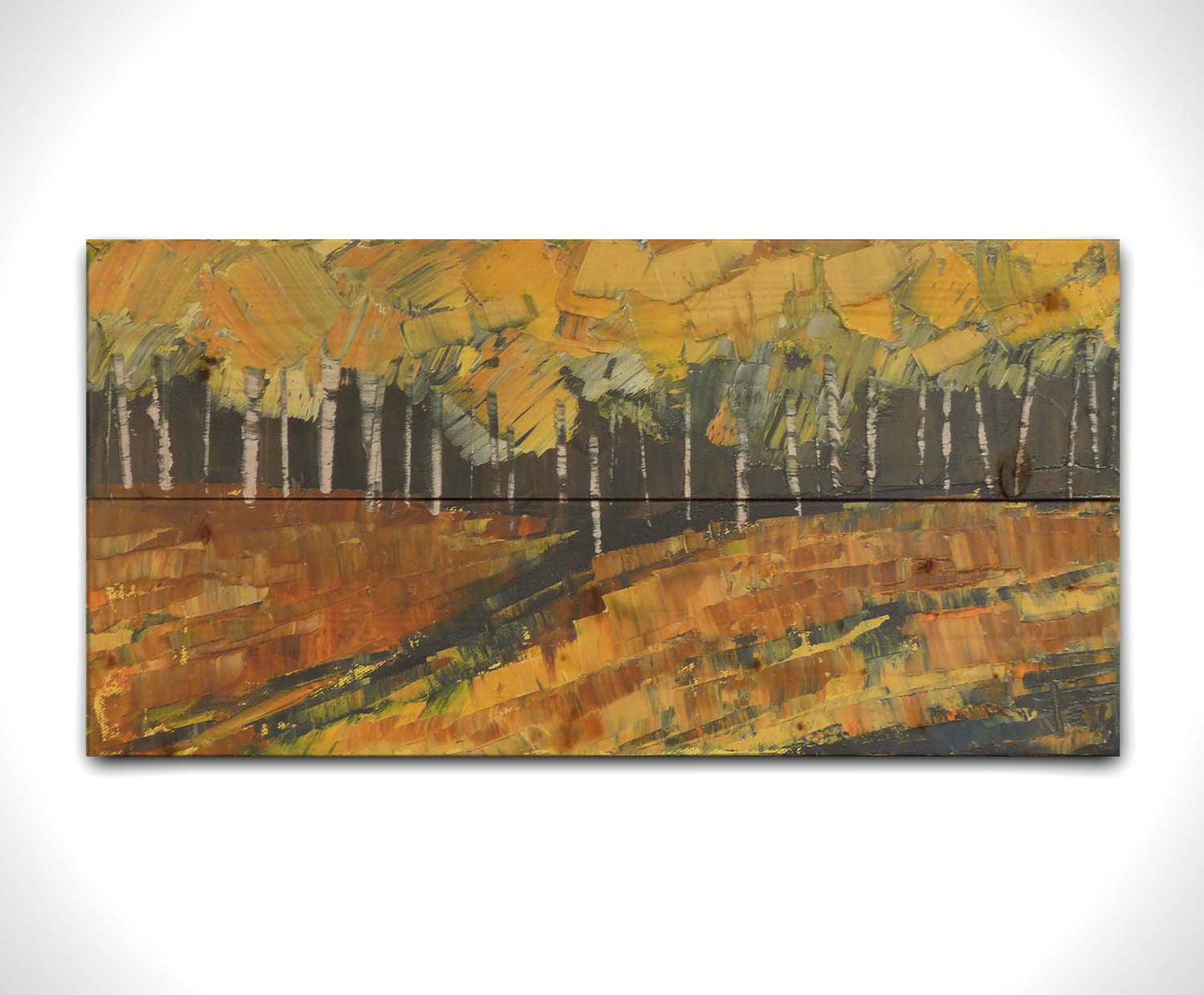 A painting of a birch or aspen forest during fall with a yellow, brown, and black color palette. The impasto technique creates thick layers of paint with visible palette knife and brushstrokes, which add texture, depth, and movement. Printed on a wood pallet.