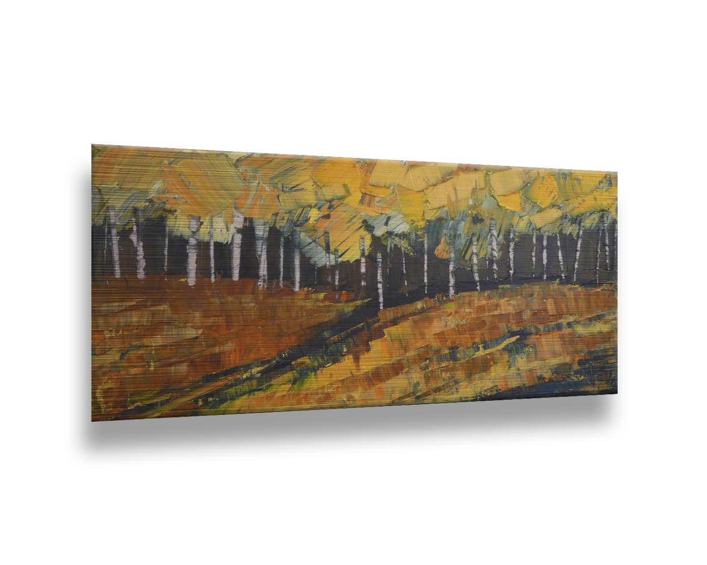 A painting of a birch or aspen forest during fall with a yellow, brown, and black color palette. The impasto technique creates thick layers of paint with visible palette knife and brushstrokes, which add texture, depth, and movement. Printed on metal.