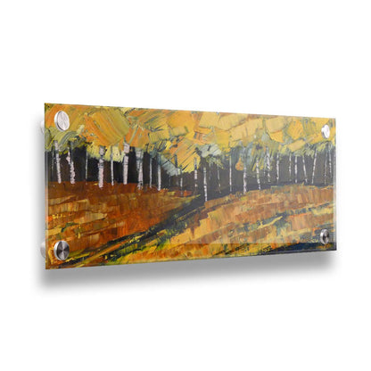 A painting of a birch or aspen forest during fall with a yellow, brown, and black color palette. The impasto technique creates thick layers of paint with visible palette knife and brushstrokes, which add texture, depth, and movement. Printed on acrylic.