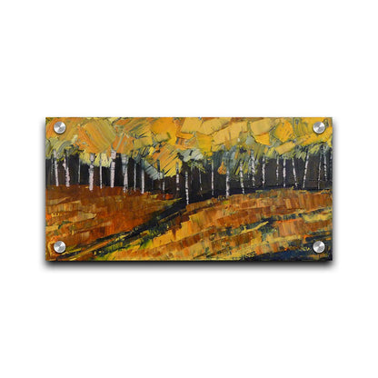 A painting of a birch or aspen forest during fall with a yellow, brown, and black color palette. The impasto technique creates thick layers of paint with visible palette knife and brushstrokes, which add texture, depth, and movement. Printed on acrylic.