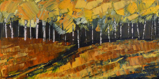 A painting of a birch or aspen forest during fall with a yellow, brown, and black color palette. The impasto technique creates thick layers of paint with visible palette knife and brushstrokes, which add texture, depth, and movement.