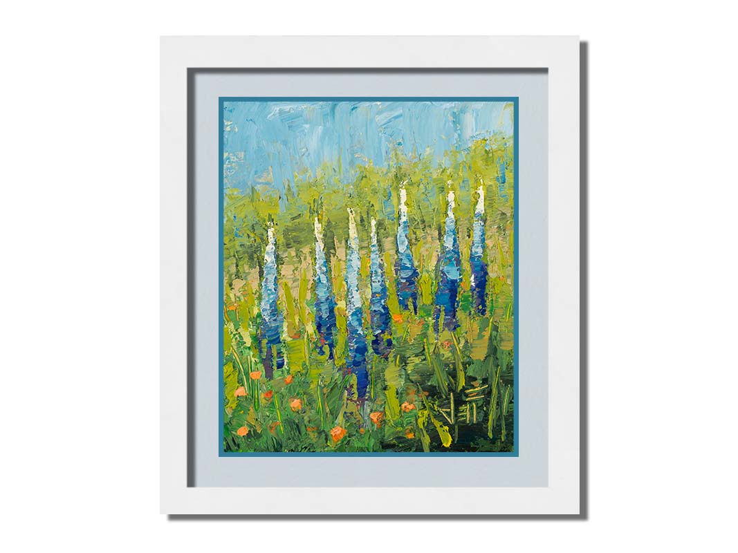 An impasto painting of blue lupine flowers in a green field, complimented by small orange flowers. Printed on paper, matted, and framed.