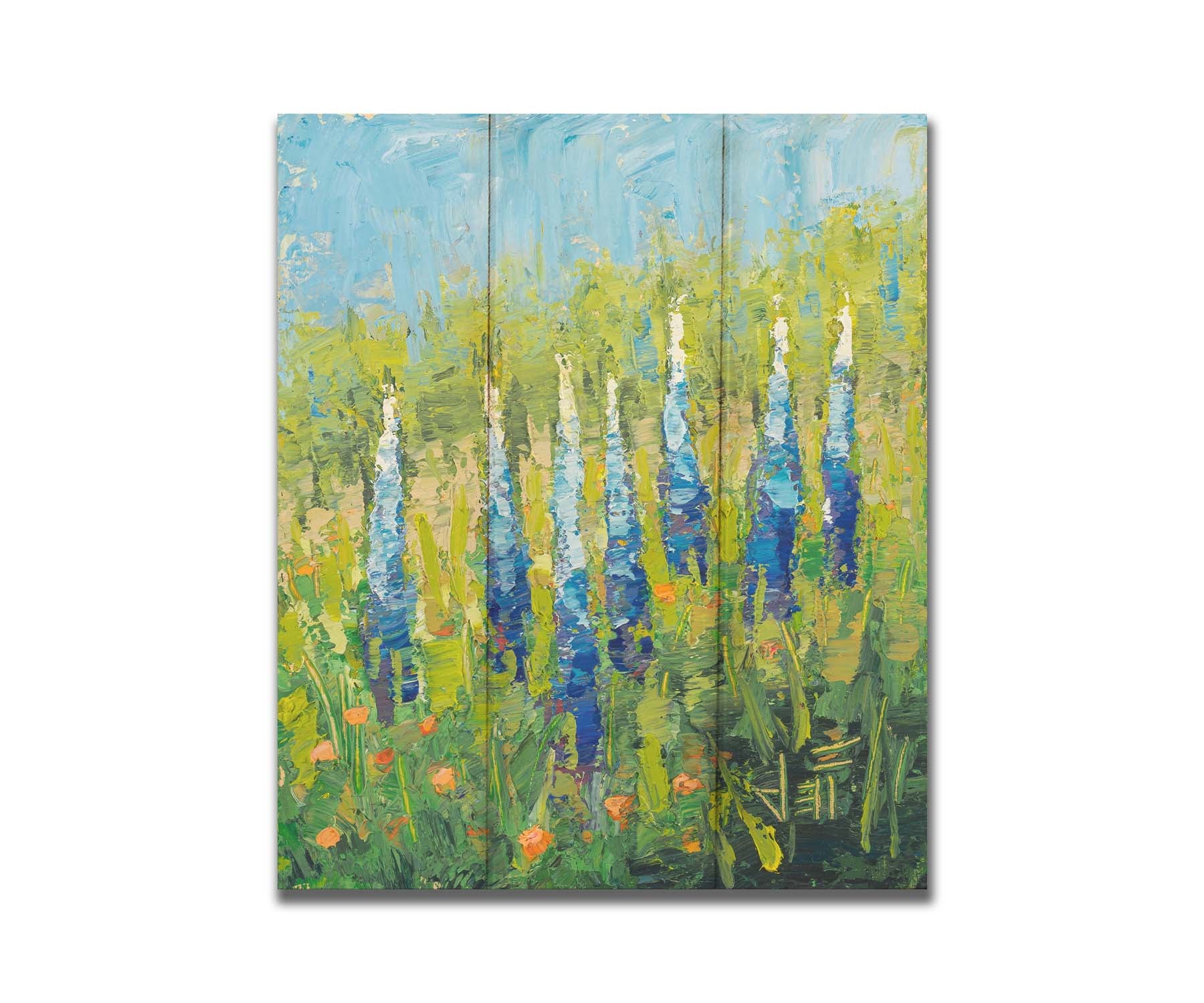 An impasto painting of blue lupine flowers in a green field, complimented by small orange flowers. Printed on a box board.