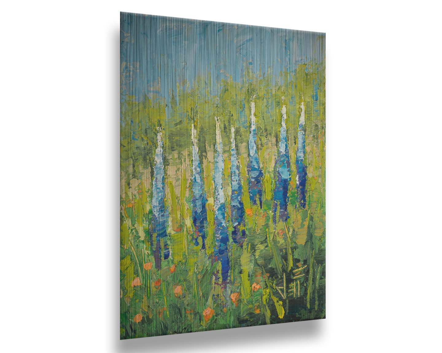 An impasto painting of blue lupine flowers in a green field, complimented by small orange flowers. Printed on metal.