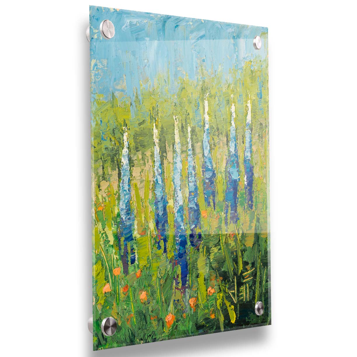 An impasto painting of blue lupine flowers in a green field, complimented by small orange flowers. Printed on acrylic.