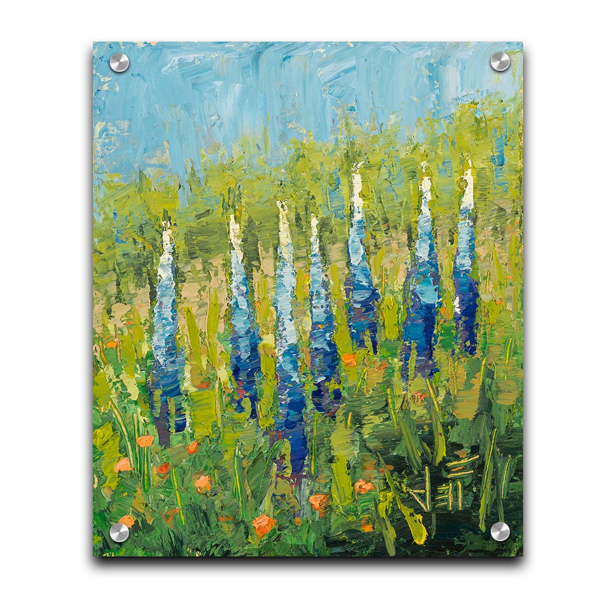 An impasto painting of blue lupine flowers in a green field, complimented by small orange flowers. Printed on acrylic.