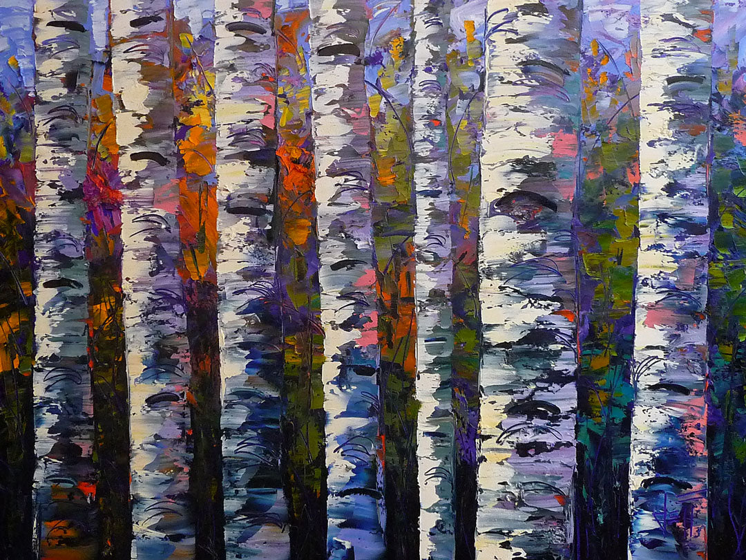 An expressive impasto painting of a birch forest. Parallel white trunks shadowed with blue and purple are backed by a rainbow of leaves.