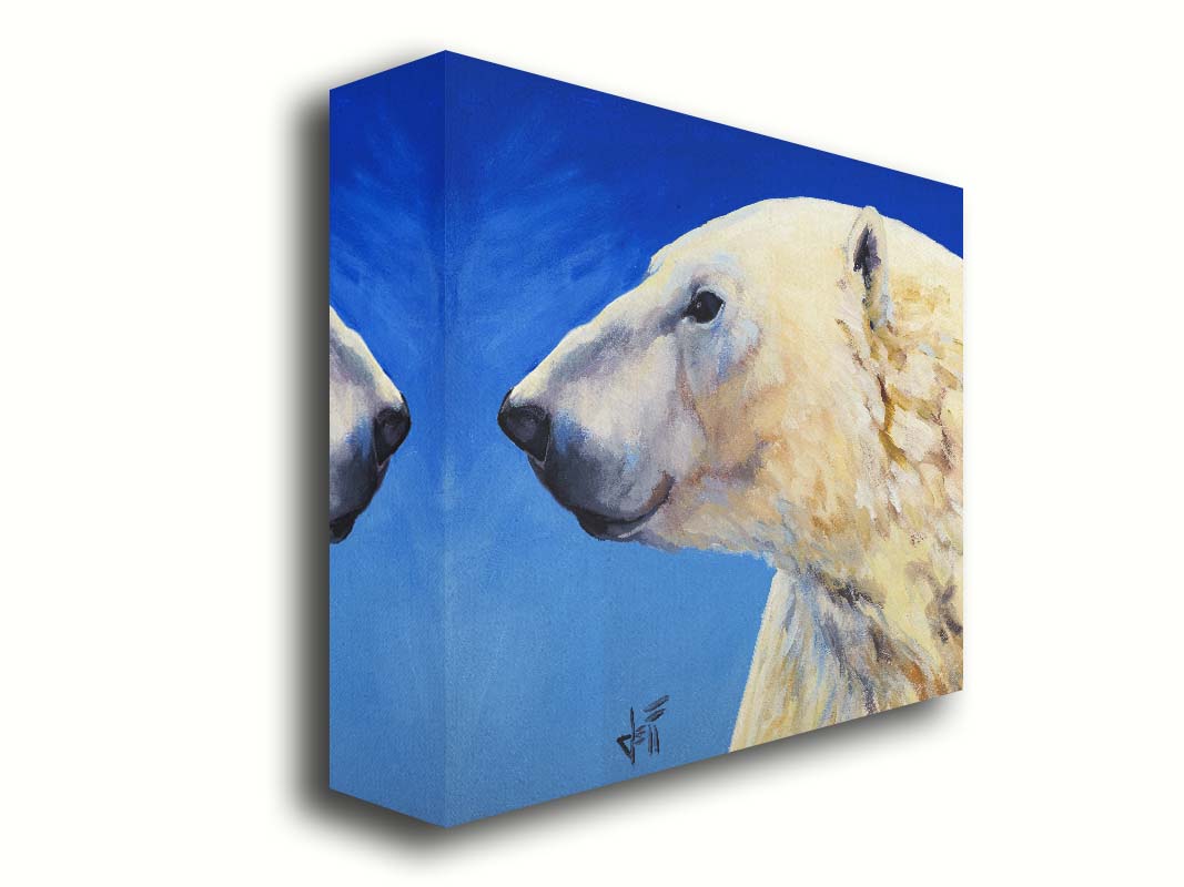 A portrait painting of a polar bear, set against a cool blue background. The warm tone of the bear's fur contrasts the cool of the blue. Printed on canvas.