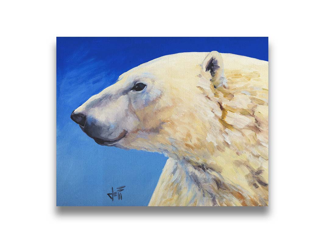 A portrait painting of a polar bear, set against a cool blue background. The warm tone of the bear's fur contrasts the cool of the blue. Printed on canvas.