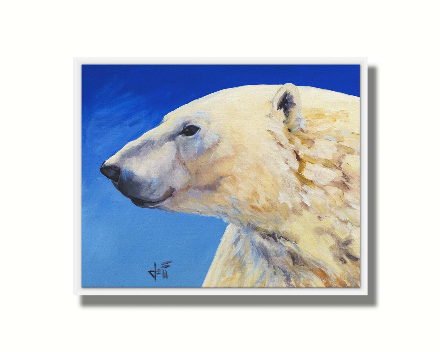 A portrait painting of a polar bear, set against a cool blue background. The warm tone of the bear's fur contrasts the cool of the blue. Printed on canvas in a float frame.