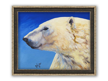 A portrait painting of a polar bear, set against a cool blue background. The warm tone of the bear's fur contrasts the cool of the blue. Printed on canvas and framed.