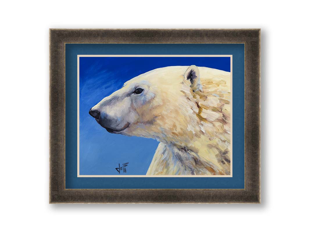 A portrait painting of a polar bear, set against a cool blue background. The warm tone of the bear's fur contrasts the cool of the blue. Printed on paper, matted, and framed.