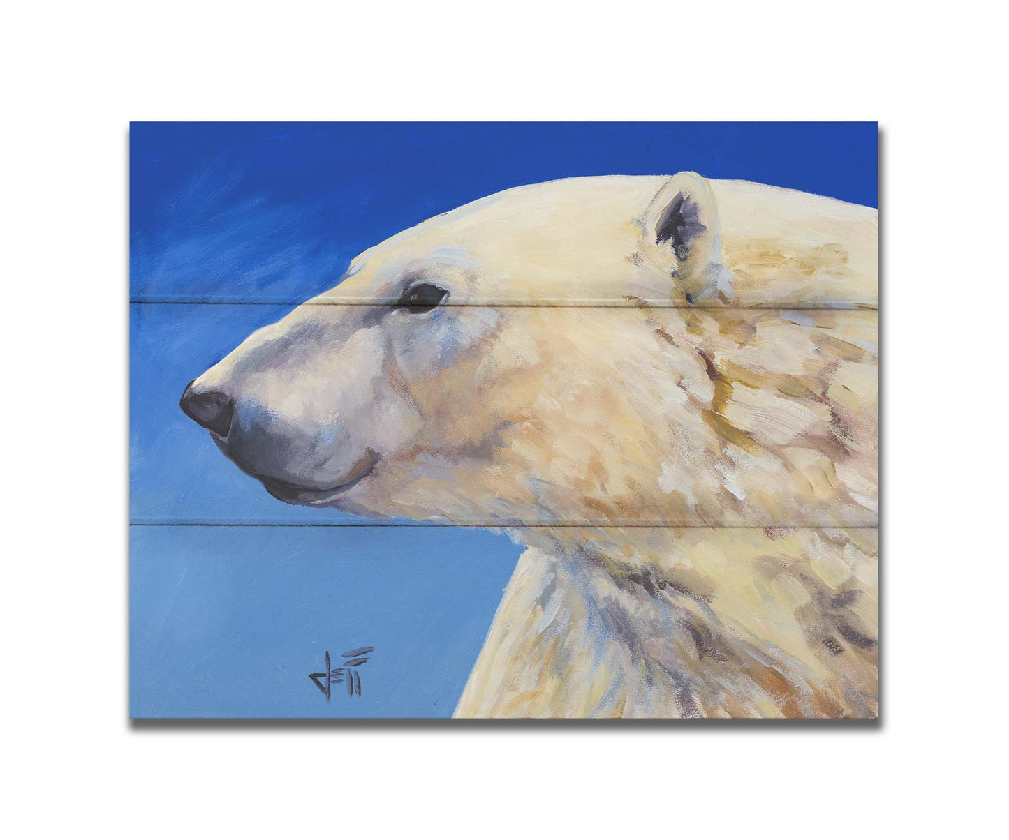 A portrait painting of a polar bear, set against a cool blue background. The warm tone of the bear's fur contrasts the cool of the blue. Printed on a box board.