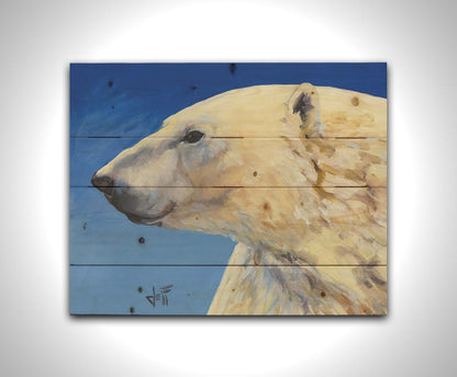 A portrait painting of a polar bear, set against a cool blue background. The warm tone of the bear's fur contrasts the cool of the blue. Printed on a wood pallet.