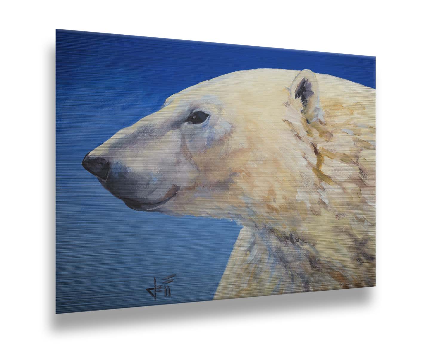 A portrait painting of a polar bear, set against a cool blue background. The warm tone of the bear's fur contrasts the cool of the blue. Printed on metal.