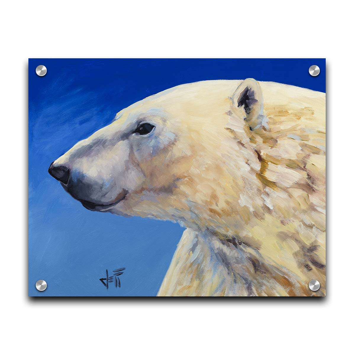 A portrait painting of a polar bear, set against a cool blue background. The warm tone of the bear's fur contrasts the cool of the blue. Printed on acrylic.