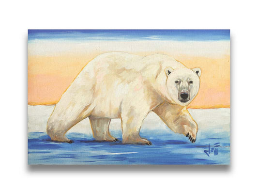 A painting of a polar bear with warm white fur, walking across blue ice, with an orange glow behind it. Printed on canvas.