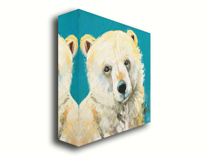 A painting of a fluffy white polar bear, set against a bright blue background. Printed on canvas.