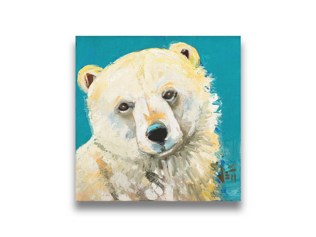 A painting of a fluffy white polar bear, set against a bright blue background. Printed on canvas.